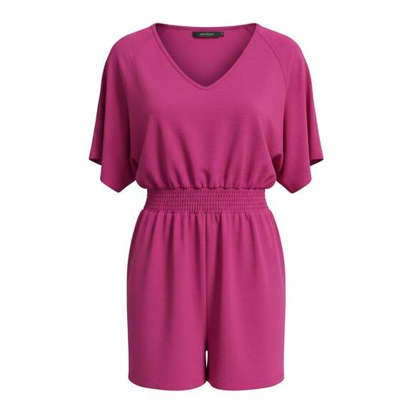 Magenta V-Neck Smocked Waist Tie-Back Romper - Picture 6 of 11